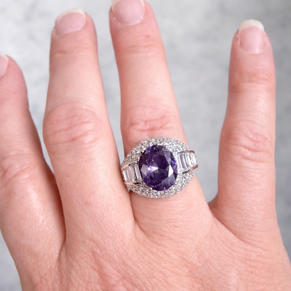 Simulated Purple & White Diamond Waterfall Ring in Silvertone - Picture 5 of 10